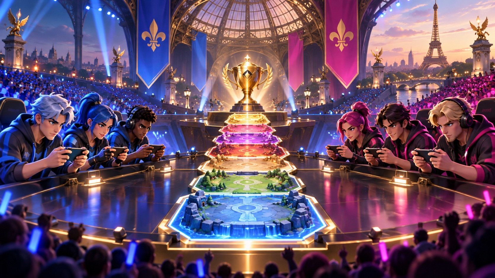 Concept illustration of two esports teams facing each other inside a Paris arena