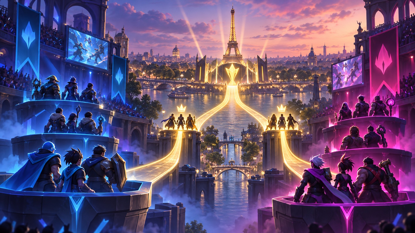 Concept illustration of two online qualifier paths converging on a live final