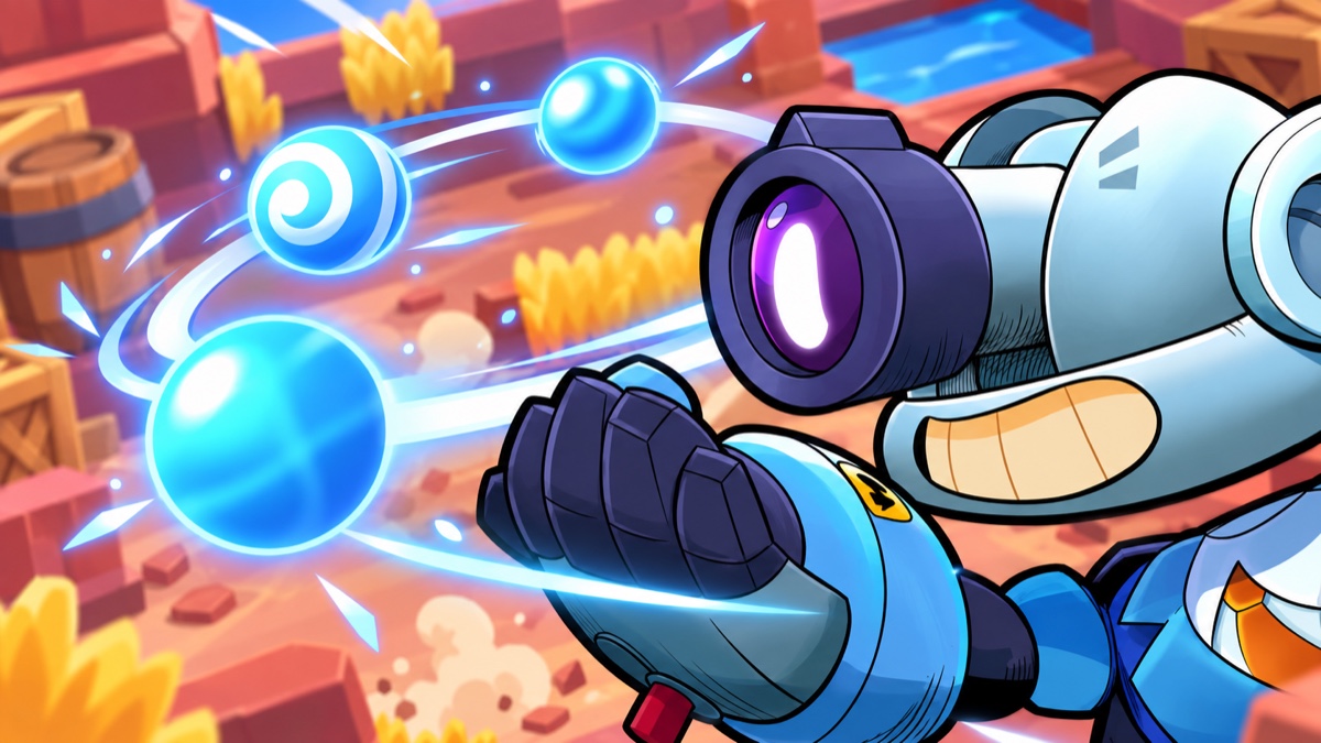 Cosmo and his orbiting projectiles in a Brawl Stars arena