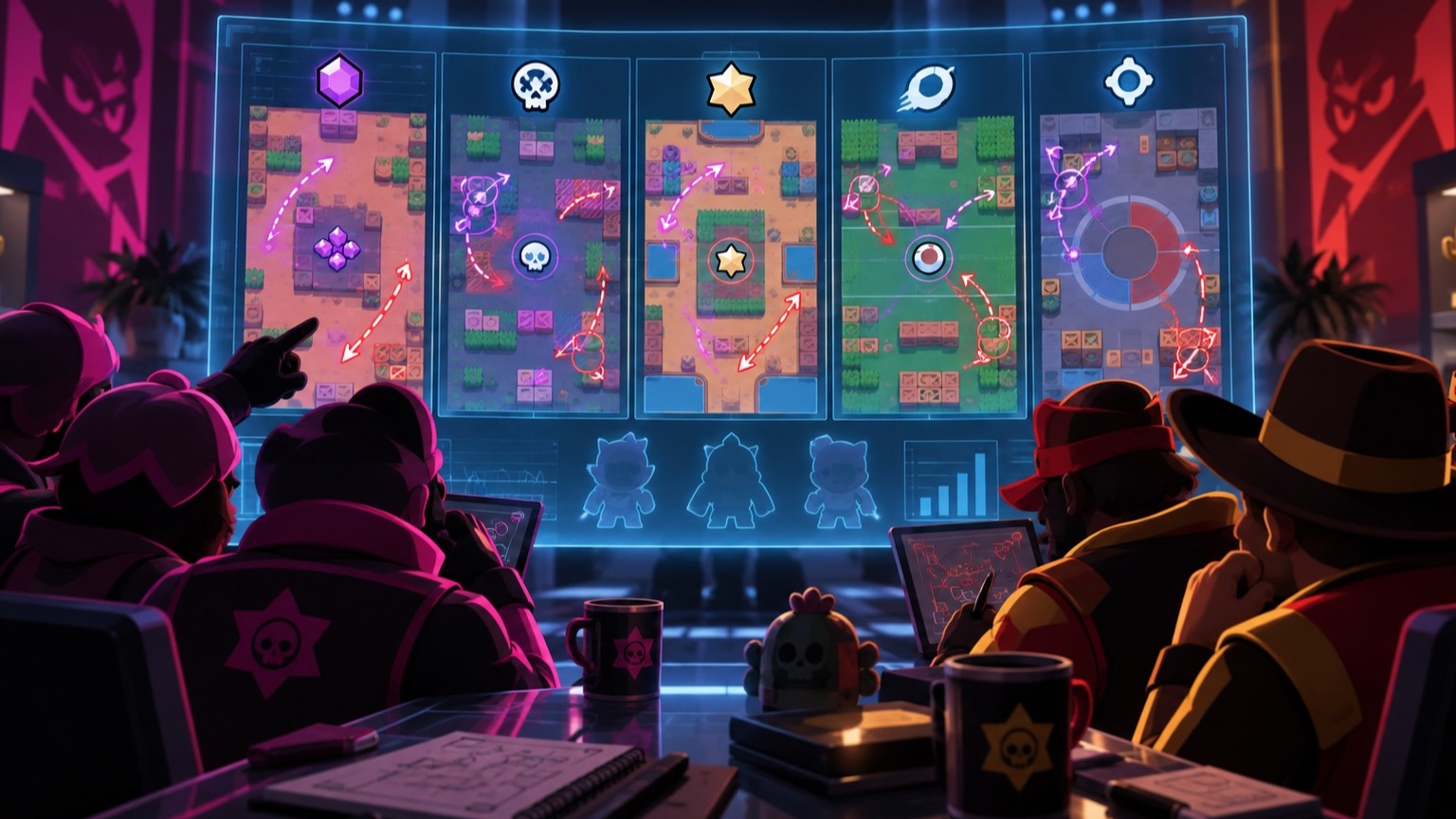 Две киберспортивные команды по Brawl Stars изучают табло практики по пяти режимам