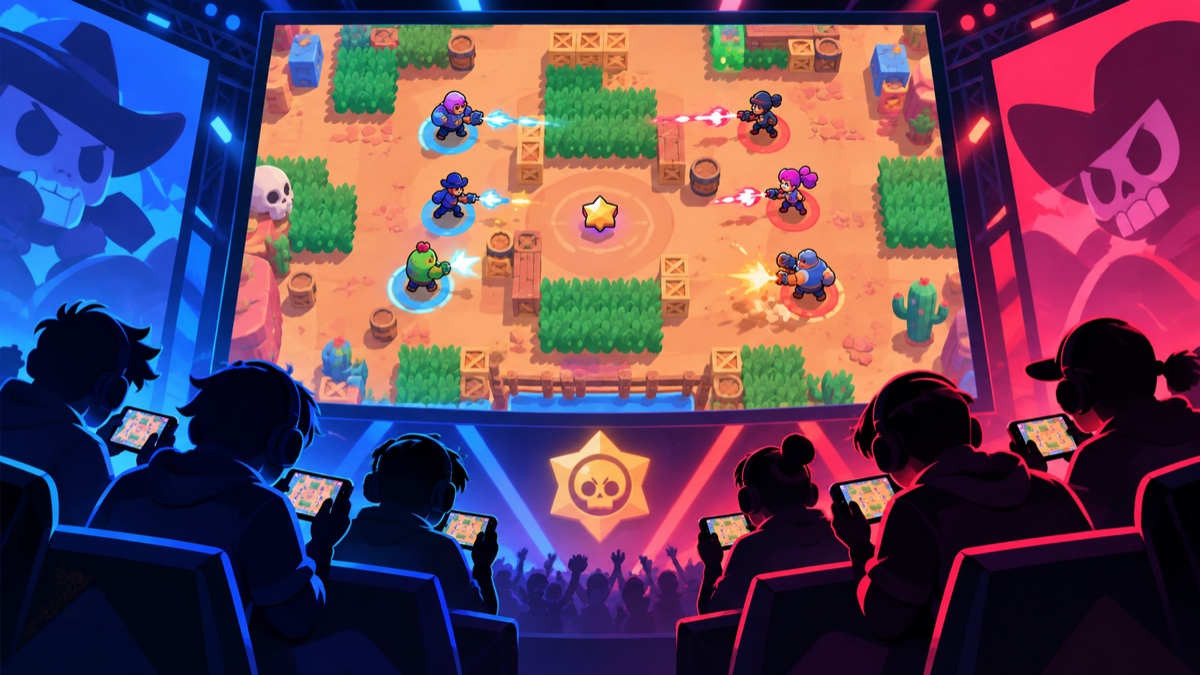 Illustration av en Brawl Stars esportmatch med sex spelare