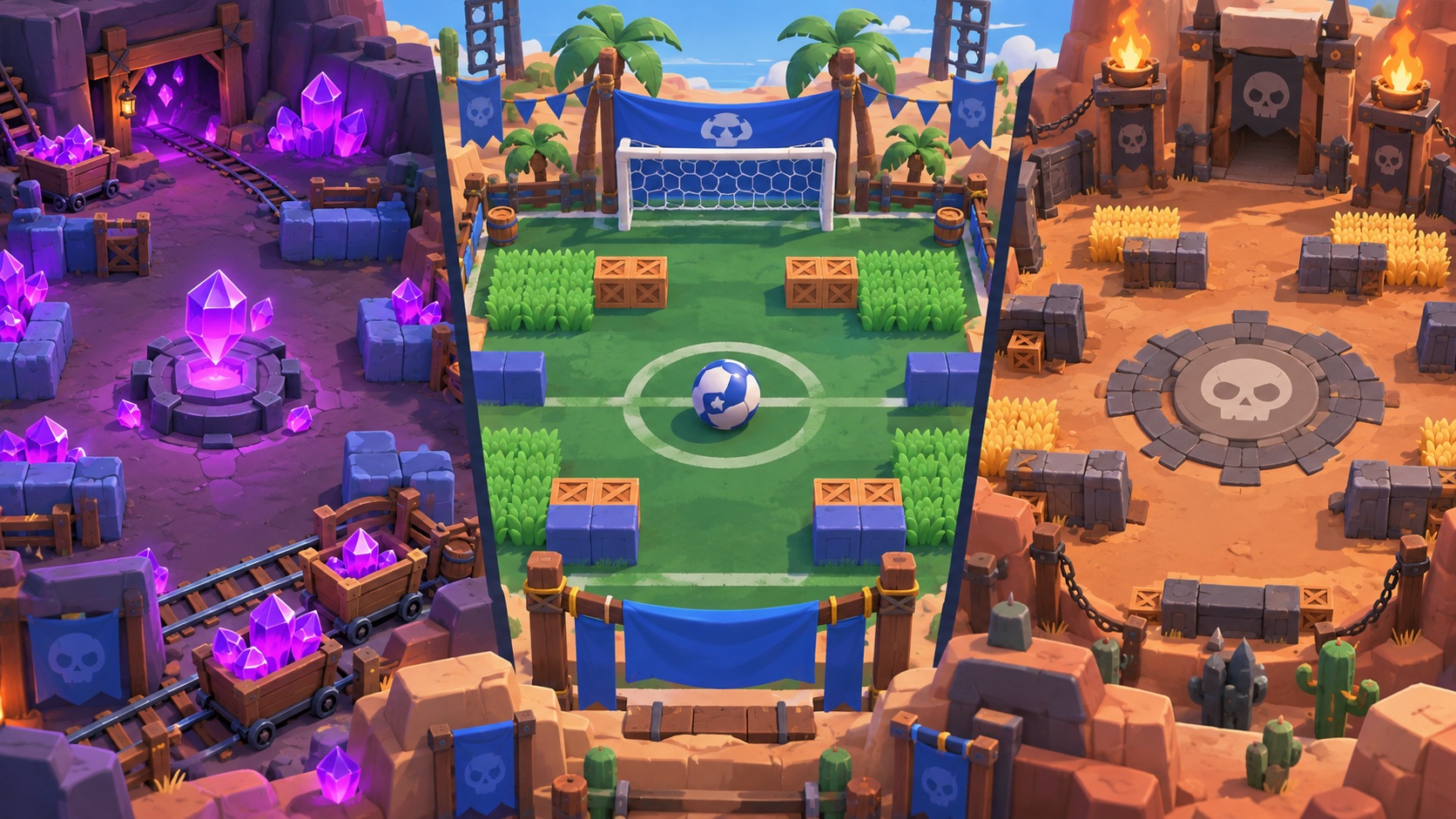 Konzeptillustration der Turnier-Modi Gem Grab, Brawl Ball und Knockout