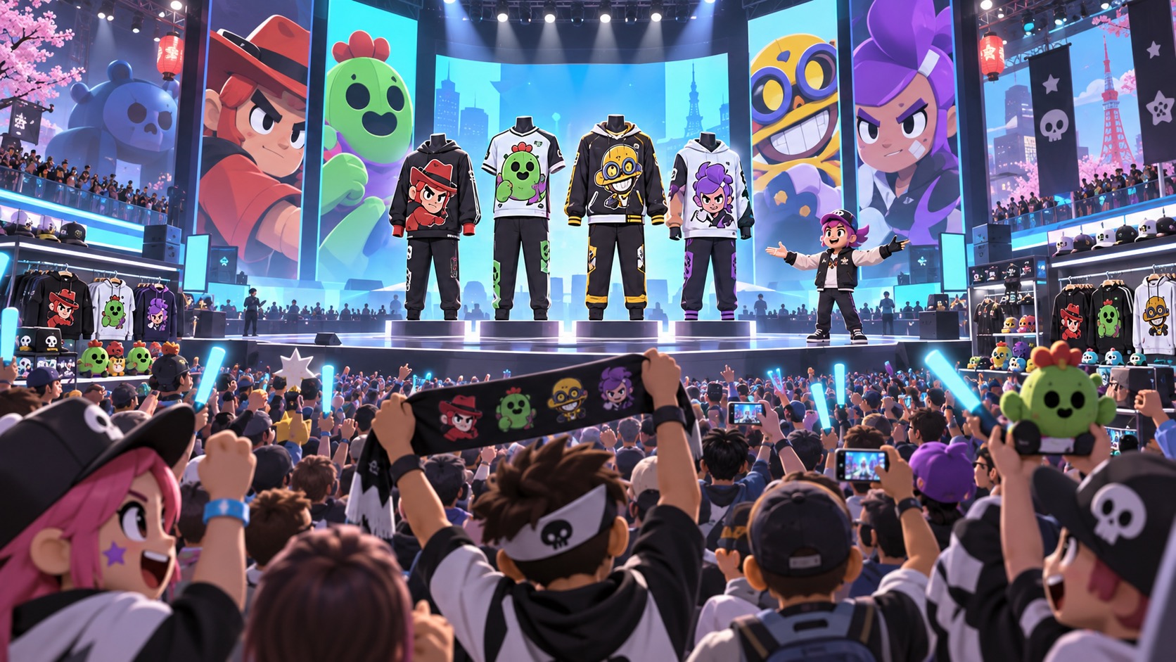 東京ゲームショウでBrawl Stars風グッズの公開を観覧するファンのコンセプトイラスト