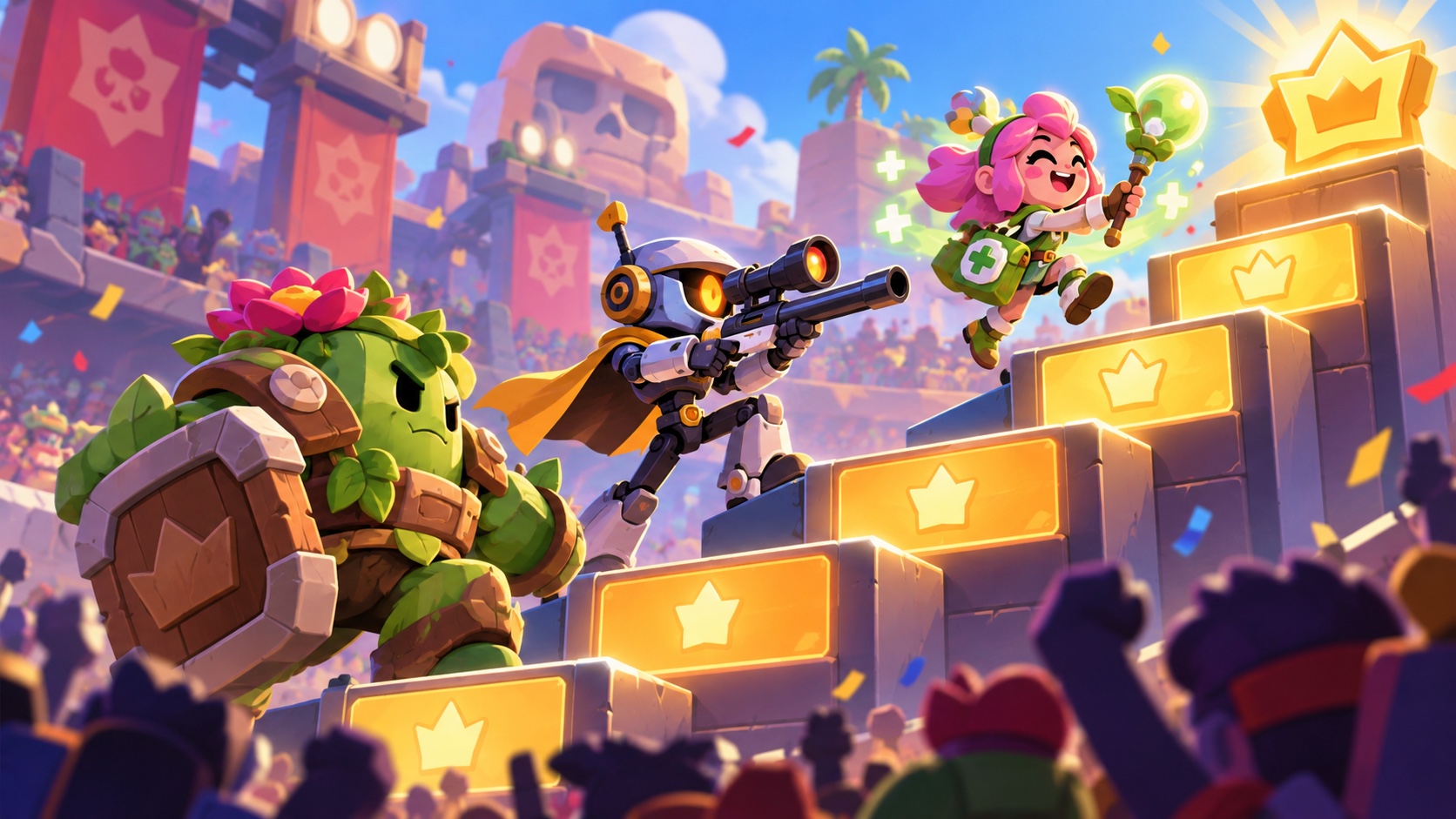Original illustration af tre brawler-lignende silhuetter, der klatrer op ad en arena-leaderboard, og repræsenterer Rosa Nani og Doug-tendenser uden falske labels