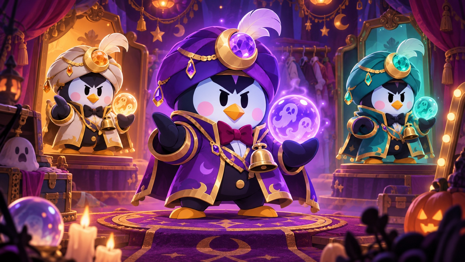 Trois concepts de costume de Mr P en diseur de bonne aventure représentant le skin principal et deux chromas