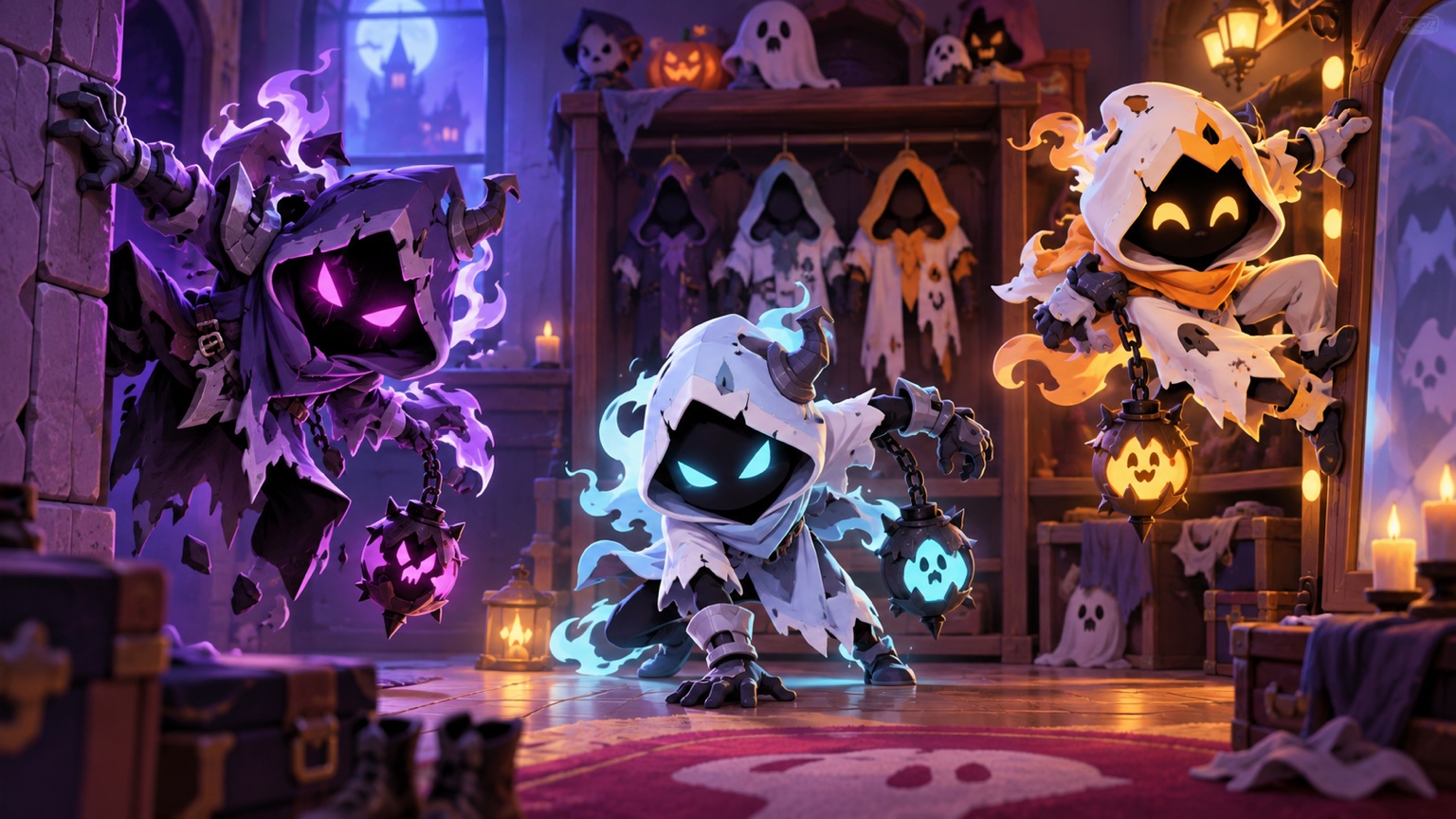 Trois concepts de costume de Shade fantomatique représentant les variantes Cursed Creepy et Jolly Ghost