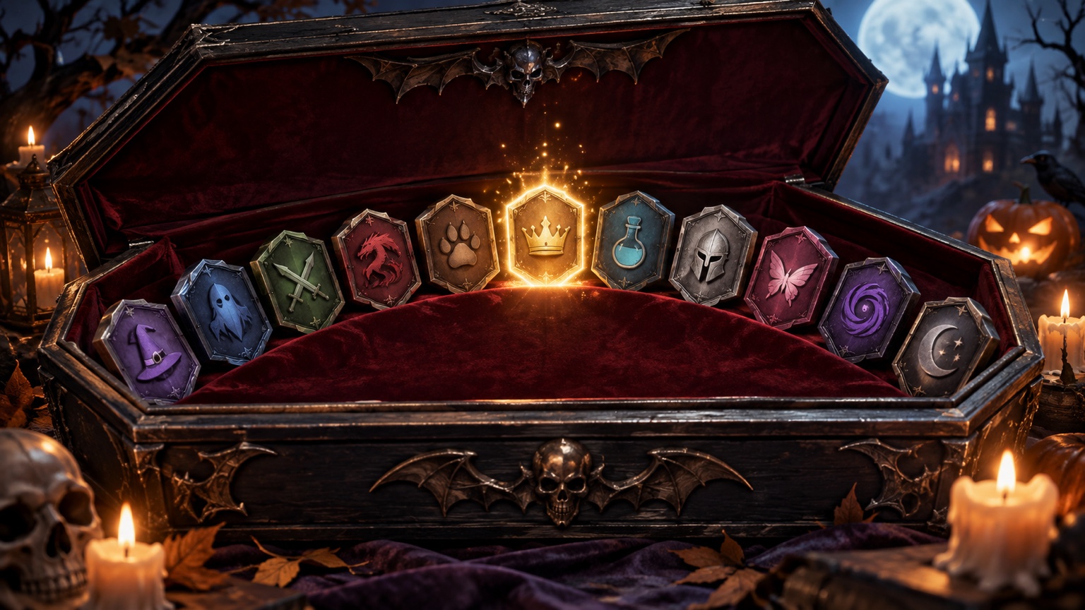Original illustration af ti præmieslots med én premium-slot fremhævet i en Halloween-belønningsboks
