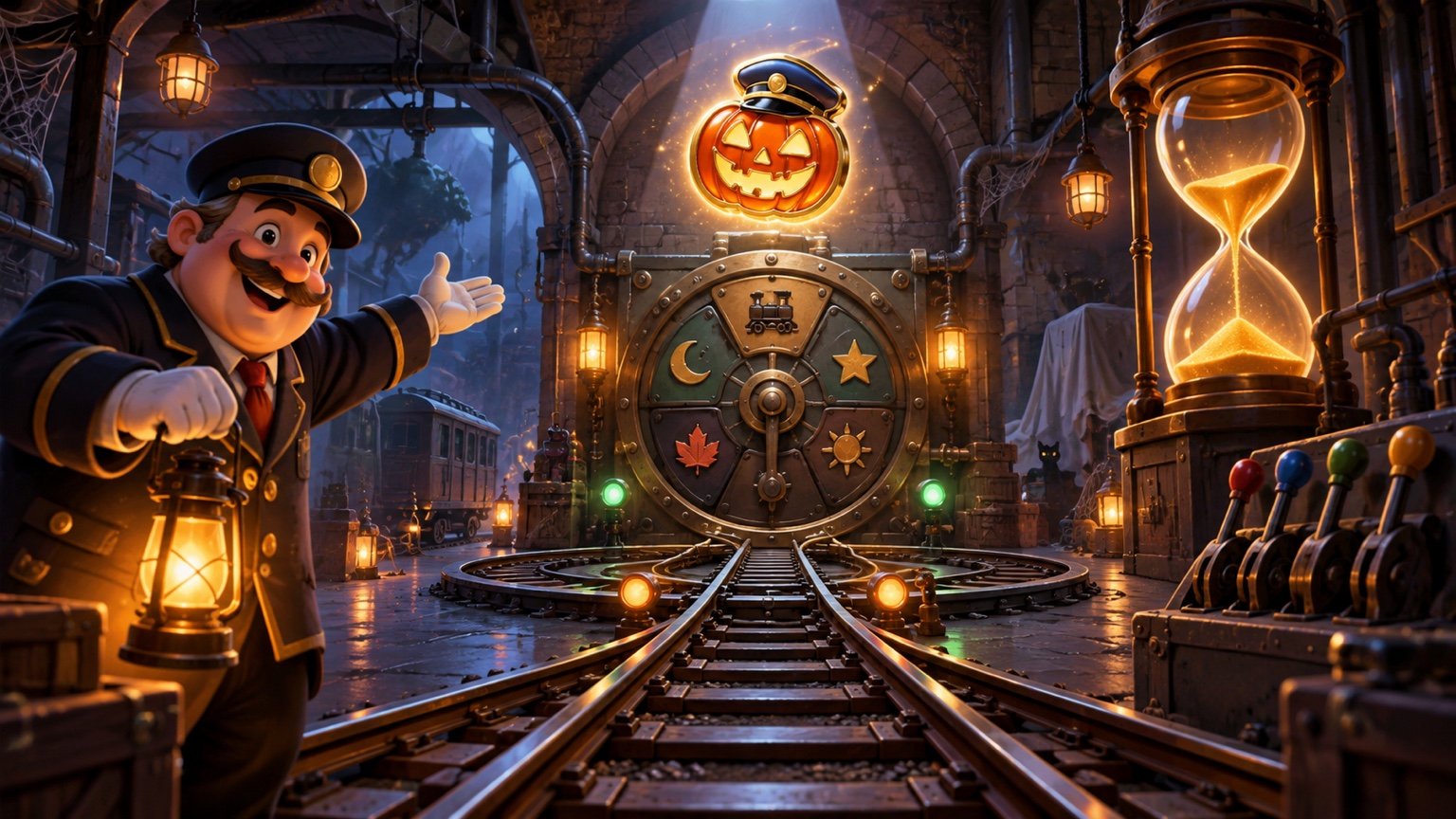 Originalillustration eines schienen-thematisierten Halloween-Spielraums mit einem Timer und einer Pin-Belohnung