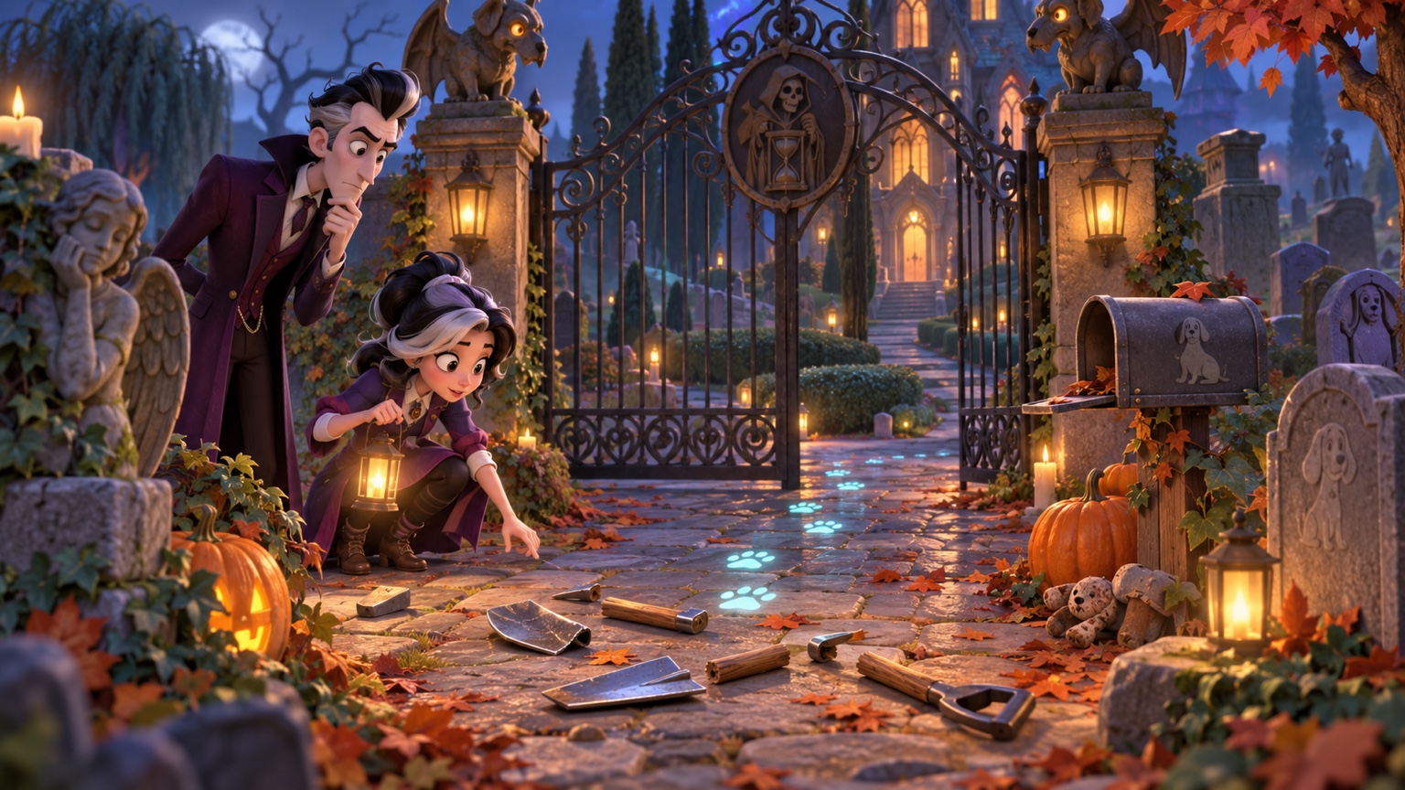 Mortis and Loony examining the first Mortuary entrance puzzle for clues