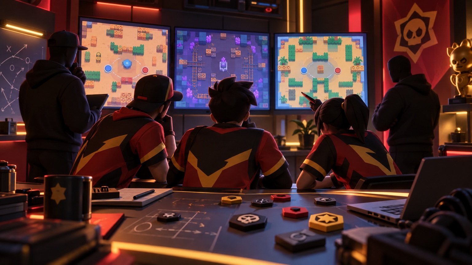 En anonym nordamerikansk esporttrio som går igenom taktik inför Brawl Stars LCQ