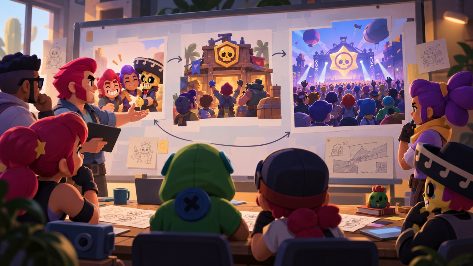 Formgivare som jämför koncept för klubb-, team- och communitysocialt spelande för Brawl Stars