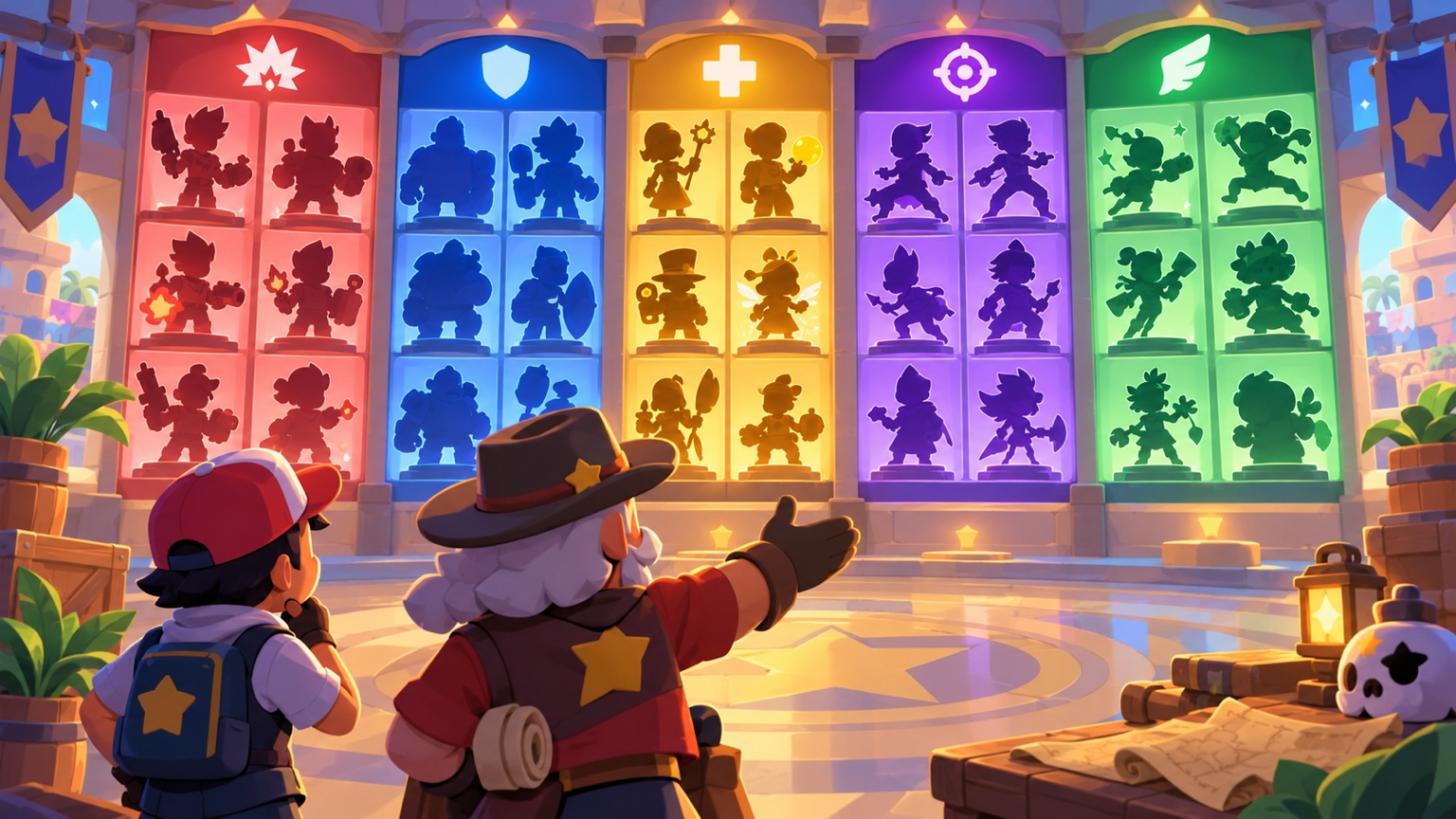 En stor, farverig Brawl Stars-roster organiseret for nye og erfarne spillere