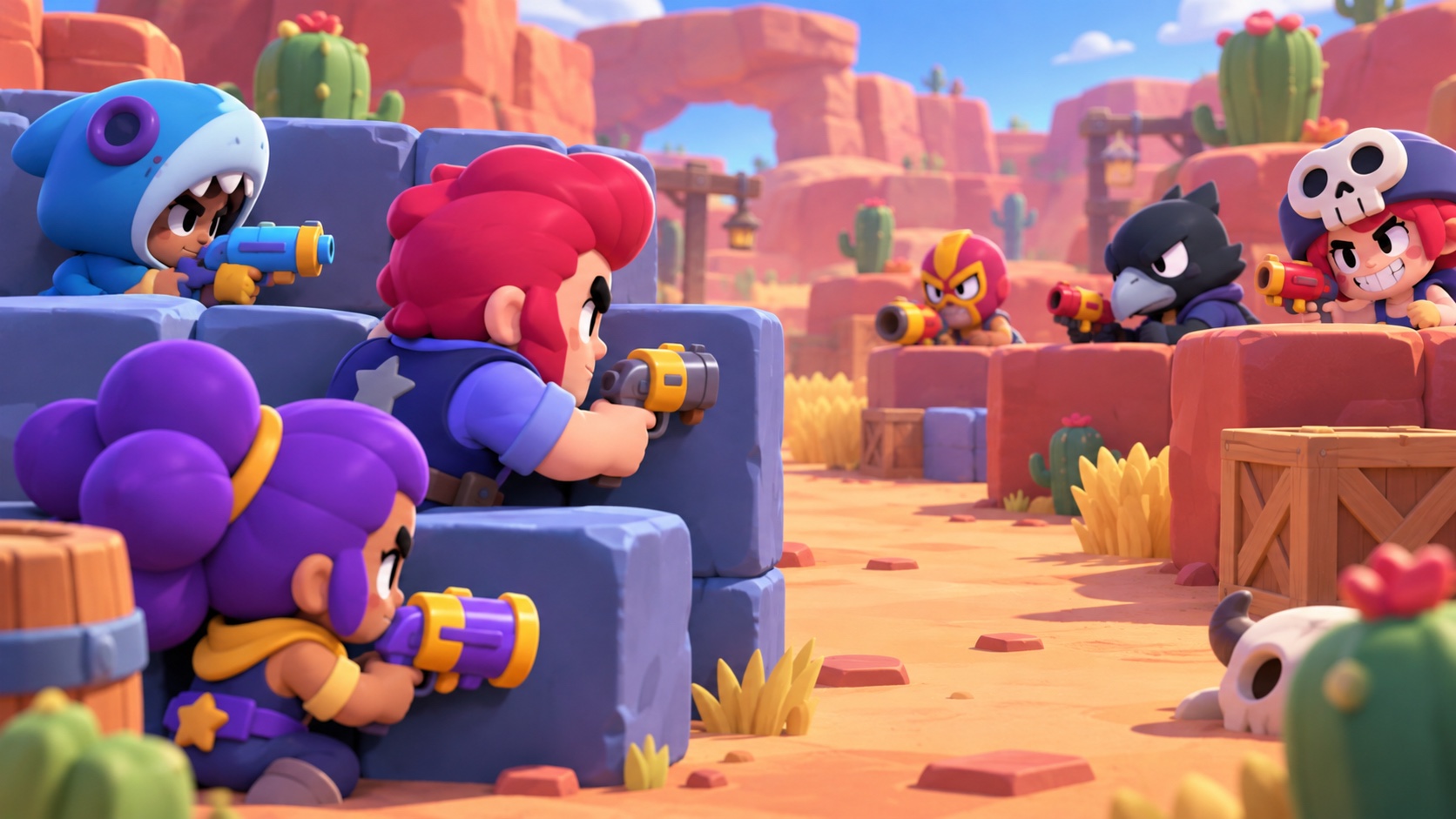 ノックアウトの交戦前に安全なカバーを検討する、Brawl Starsにインスパイアされた2チームのオリジナルイラスト