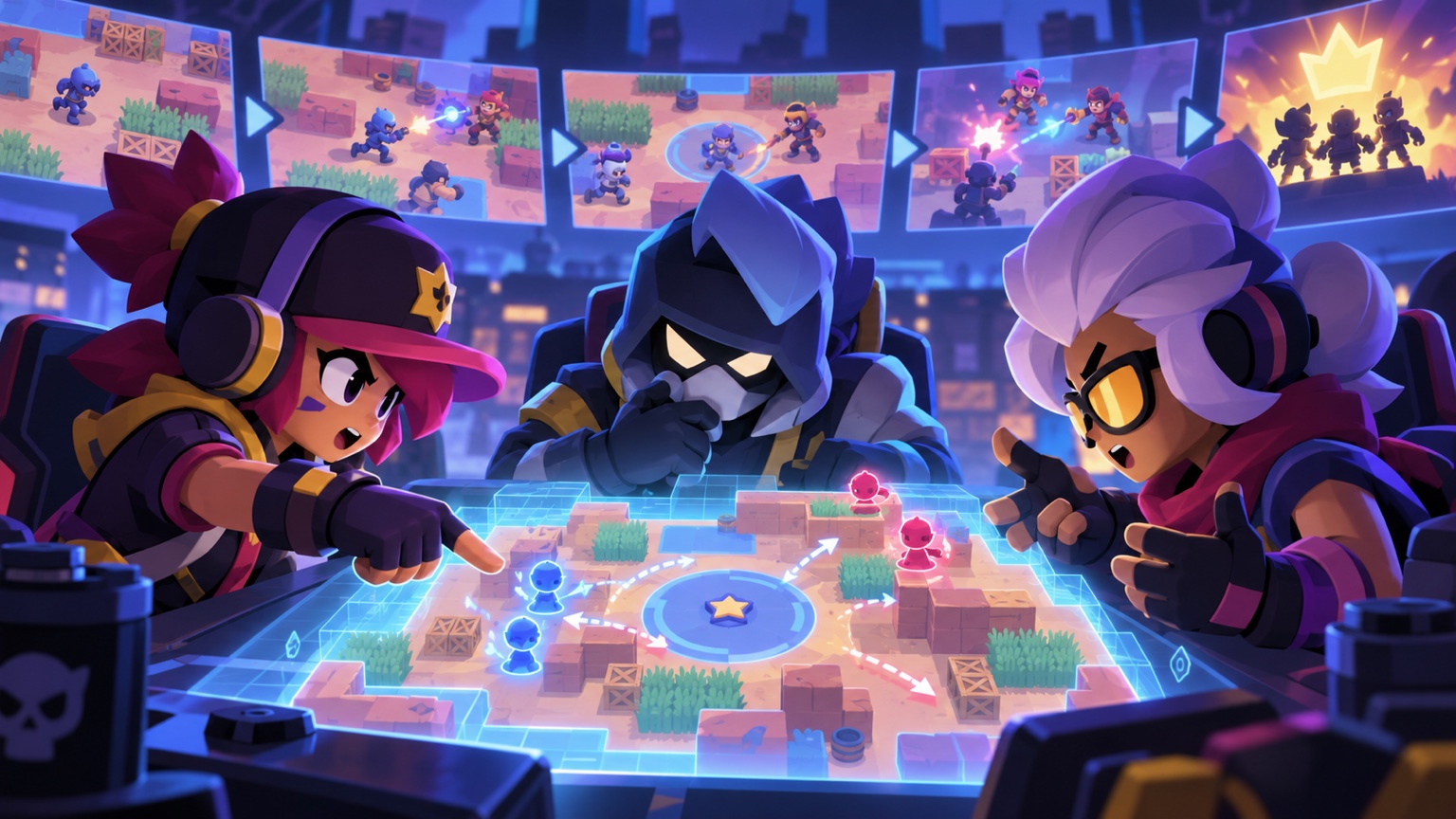 Three anonymous Brawl Stars players concentrating through a demanding Ranked session