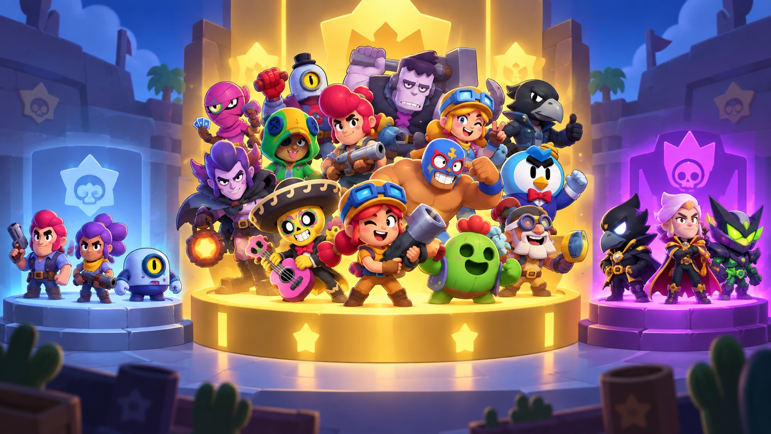 Un roster stylisé de jeu mobile montrant de nombreux choix Mythic et des groupes plus restreints de rareté inférieure