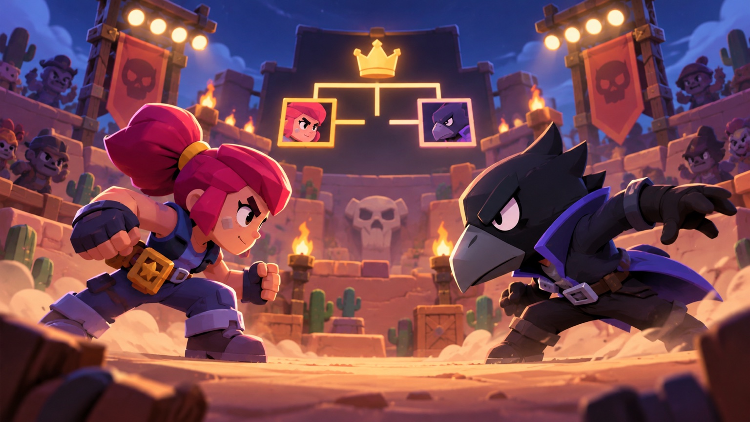 Originalillustrasjon av en Brawl Stars-inspirert en-mot-en Knockout-kamp med et kompakt turneringsoppsett