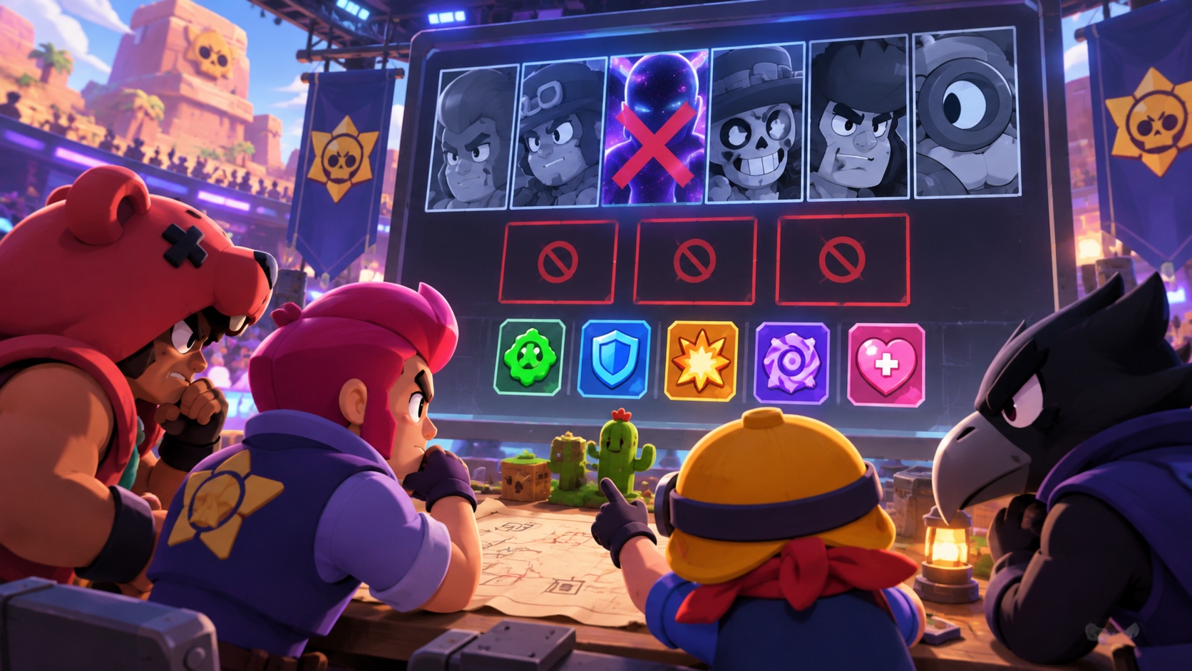 Originalillustration eines Brawl-Stars-inspirierten Pick-and-Ban-Strategieboards mit einer durchgestrichenen Charaktersilhouette