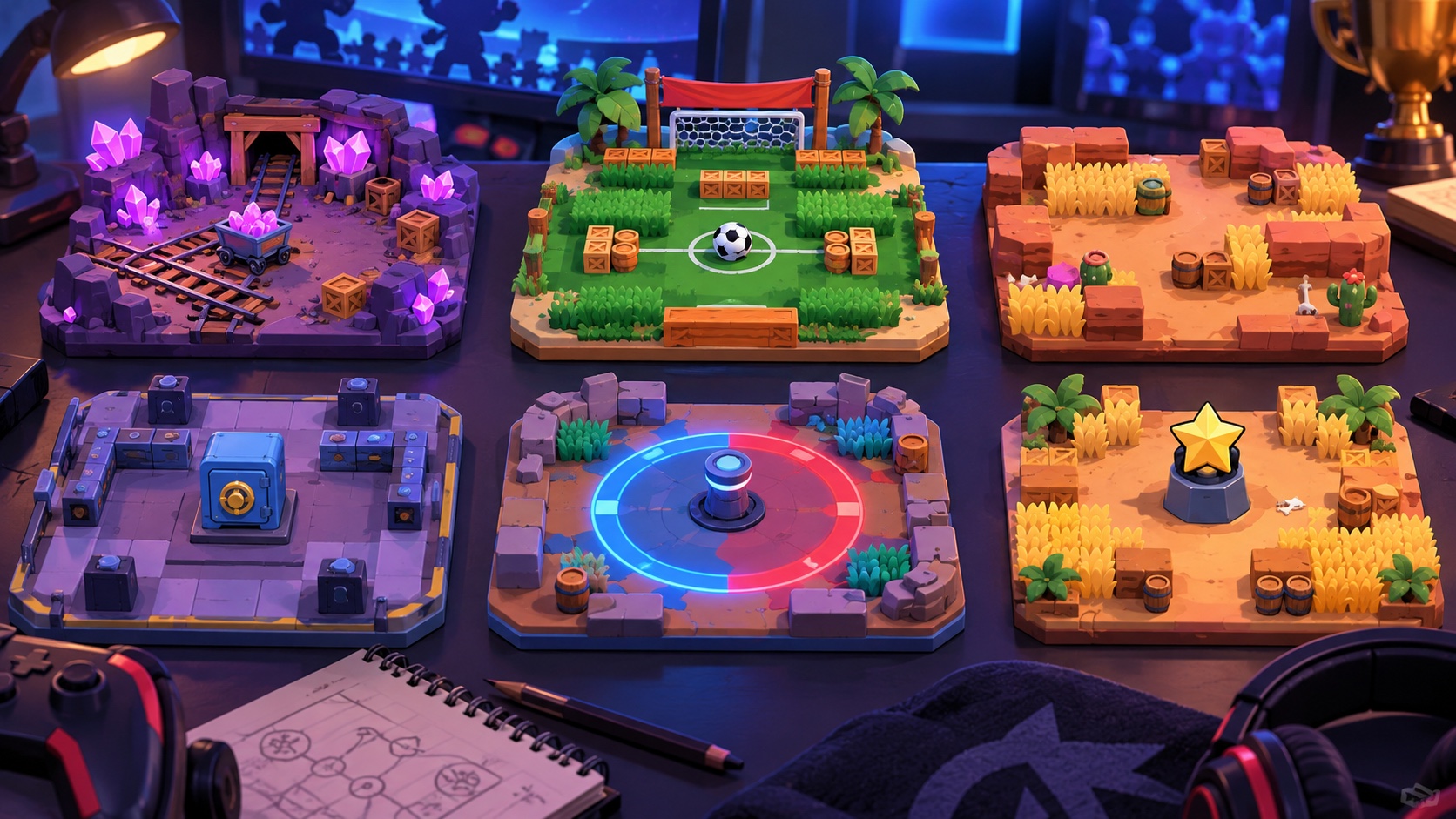 Originalillustration von sechs verschiedenen Brawl-Stars-Modus-Arenen, die für ein Community-Bracket vorbereitet sind