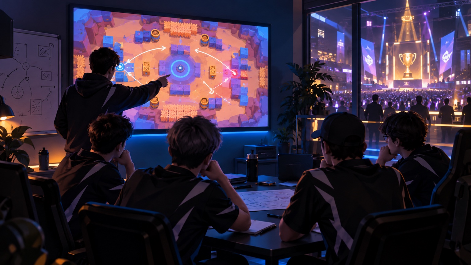 국제 예선을 앞두고 Brawl Stars 맵을 검토하는 모바일 e스포츠 팀원들의 독자적 일러스트