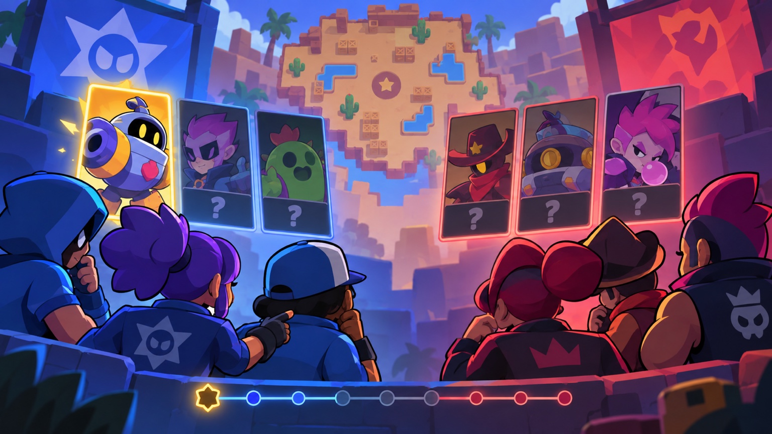 Original illustration of two teams weighing early character picks in a colorful mobile esports room