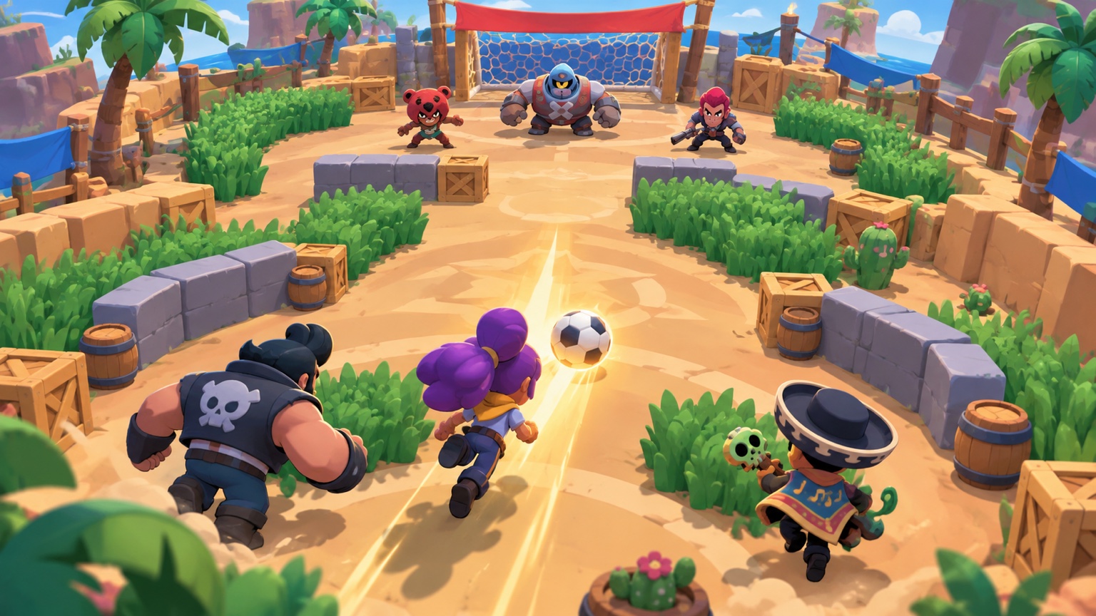 Originalillustration eines Teams, das auf einer geschwungenen Brawl Ball-Map eine torgefährliche Lane aufbaut
