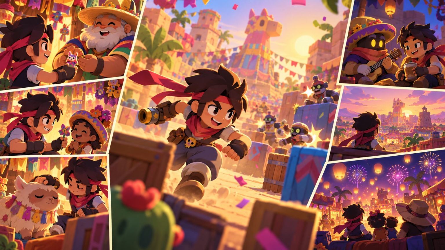 En färgrik storyboard som visar Brawl Stars-lore levererad genom events och karaktärsmoment