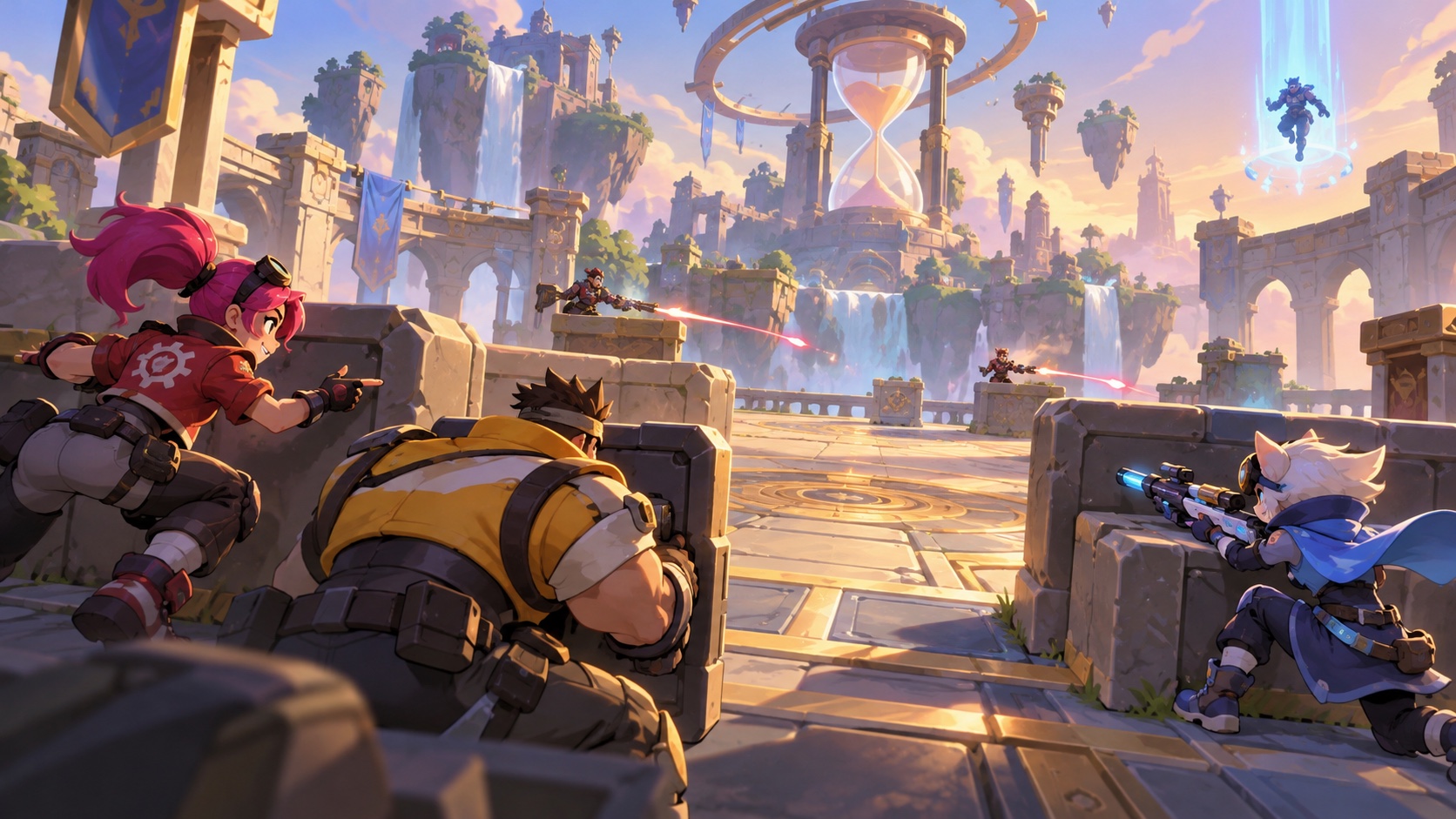 Original illustration af et Brawl Stars-inspireret hold, der kontrollerer en midterbane i Wipeout, mens modstanderne respawner