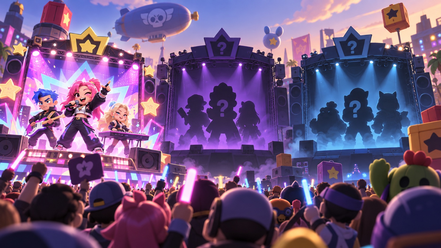 Original illustration of a three-week Brawl Stars community event calendar with changing stage lights