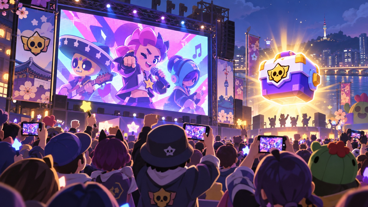 Original illustration of fans tracking a shared music video mission and a reward box