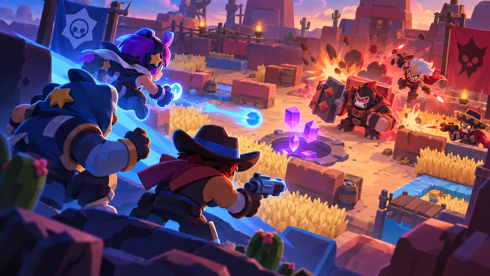 Concept illustration of a three-player team regrouping during a Brawl Stars-style final