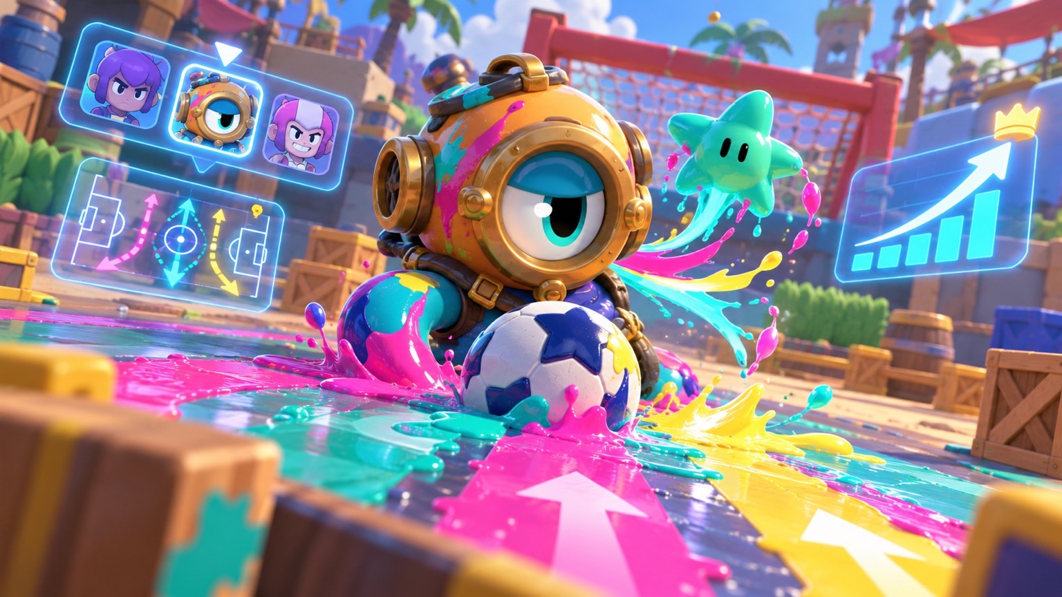 Otis controlling a Brawl Ball arena with strong win pick and trend indicators
