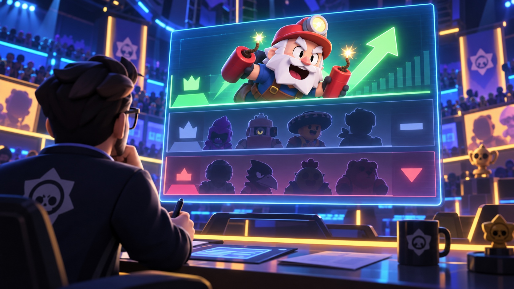 Concept illustration of an esports analyst reviewing Dynamike as the biggest ranked riser