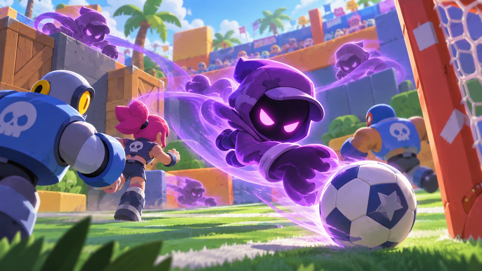 Concept illustration of Shade moving around a Brawl Ball goal