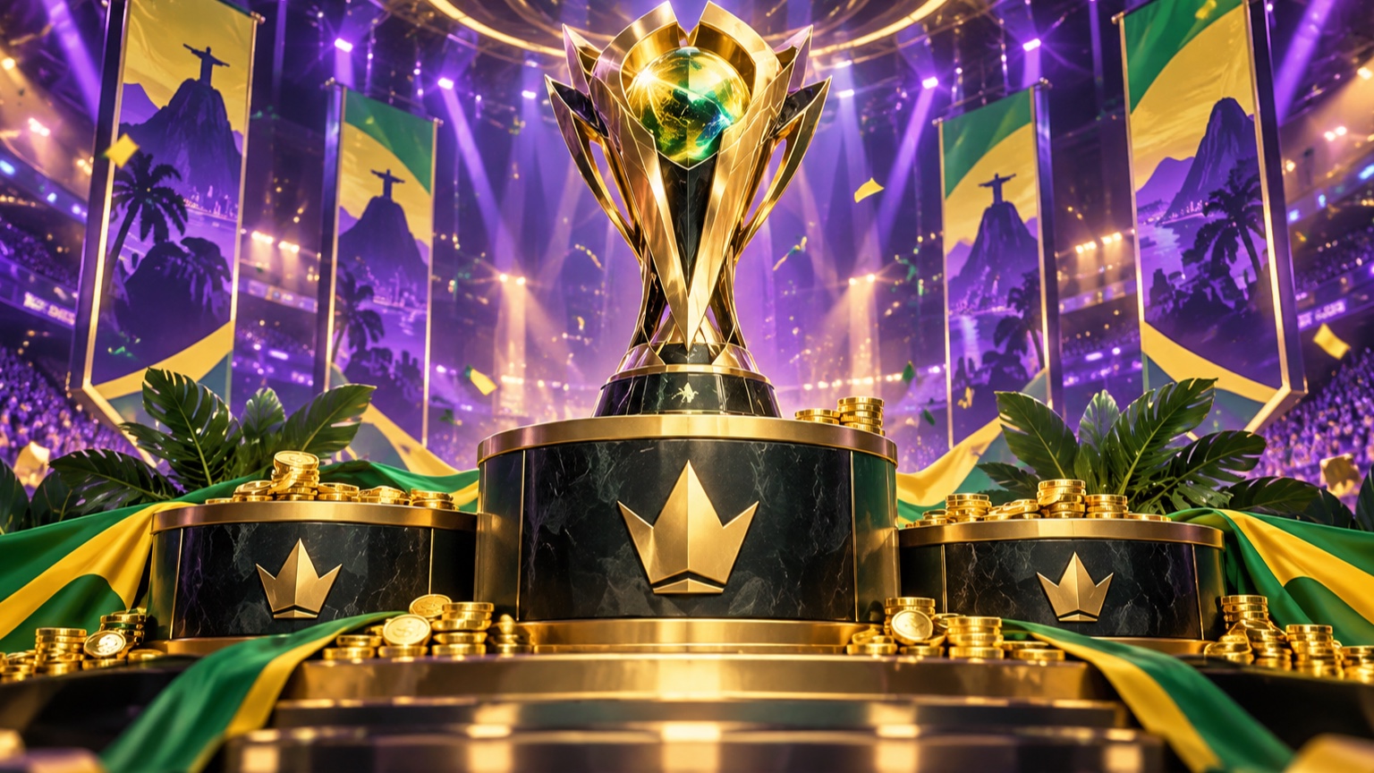 Brawl Stars esports trophy surrounded by Brazilian real prize markers