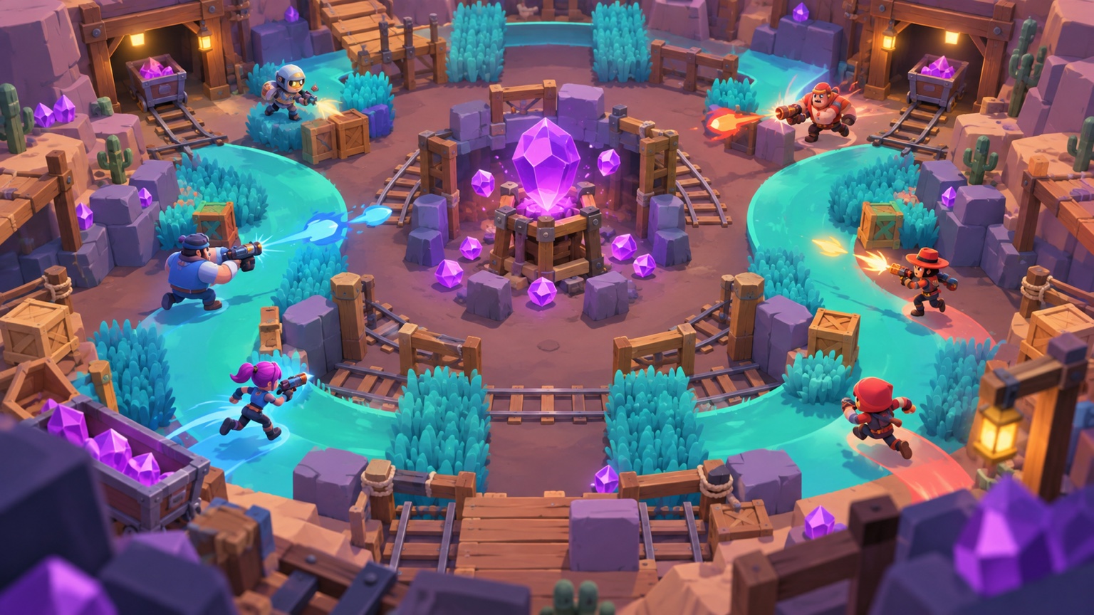 Original illustration of two stylized teams contesting a central gem mine on curved lanes