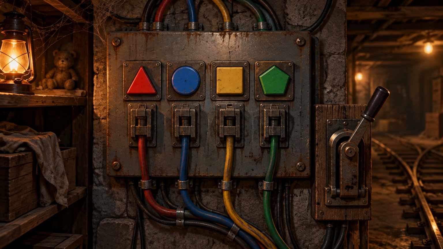 Original illustration of a puzzle fuse board with four colored shape buttons in a Halloween basement