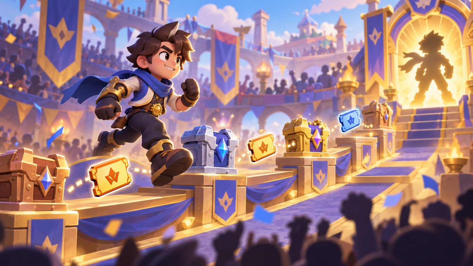 Vince progressing through event matches toward a row of reward boxes